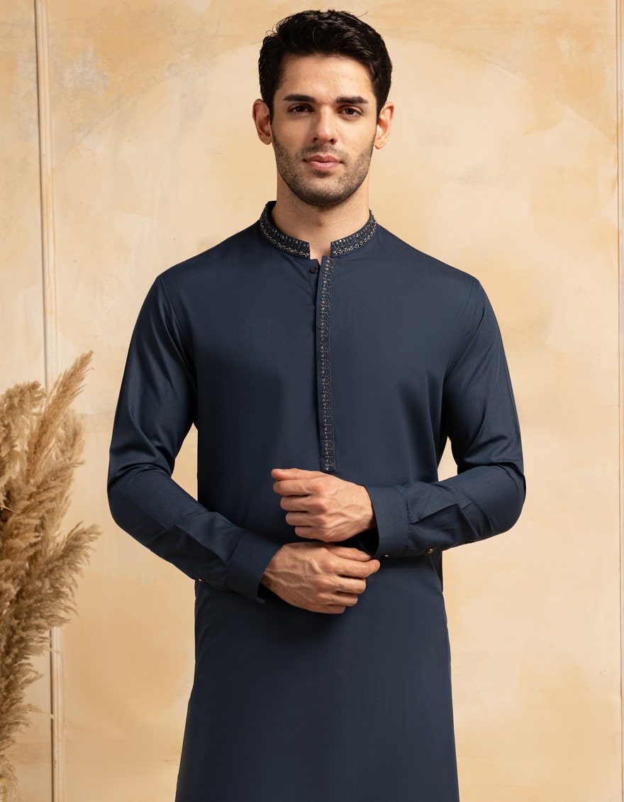 Blue Polyester Formal Kameez Shalwar by J. Junaid Jamshed - Premium Islamic Men's Wear