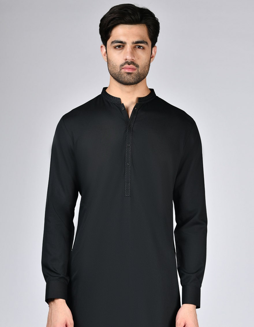 Black Blended Traditional Kameez Shalwar by J. Junaid Jamshed - Premium Islamic Men's Wear