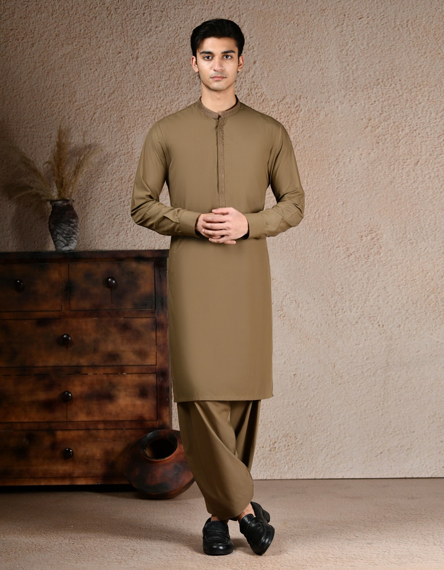 Brown Blended Traditional Kameez Shalwar by J. Junaid Jamshed - Premium Islamic Men's Wear