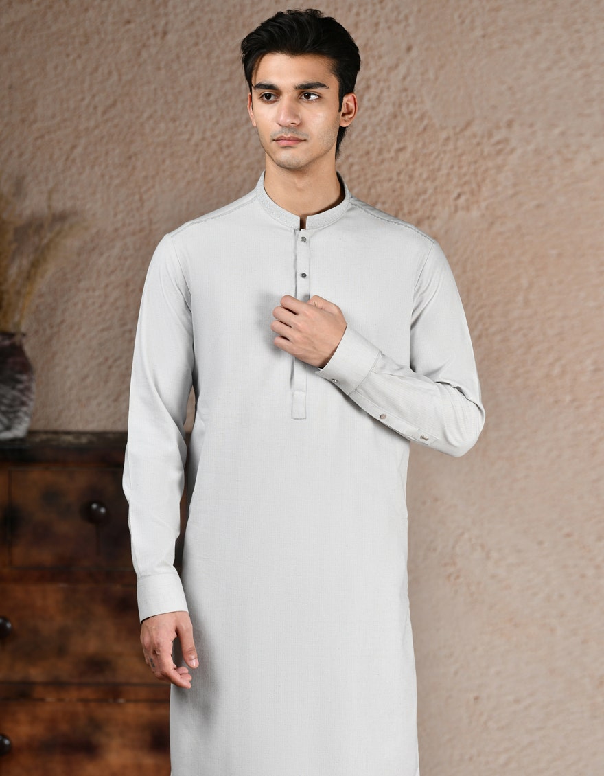 White Blended Traditional Kameez Shalwar by J. Junaid Jamshed - Premium Islamic Men's Wear