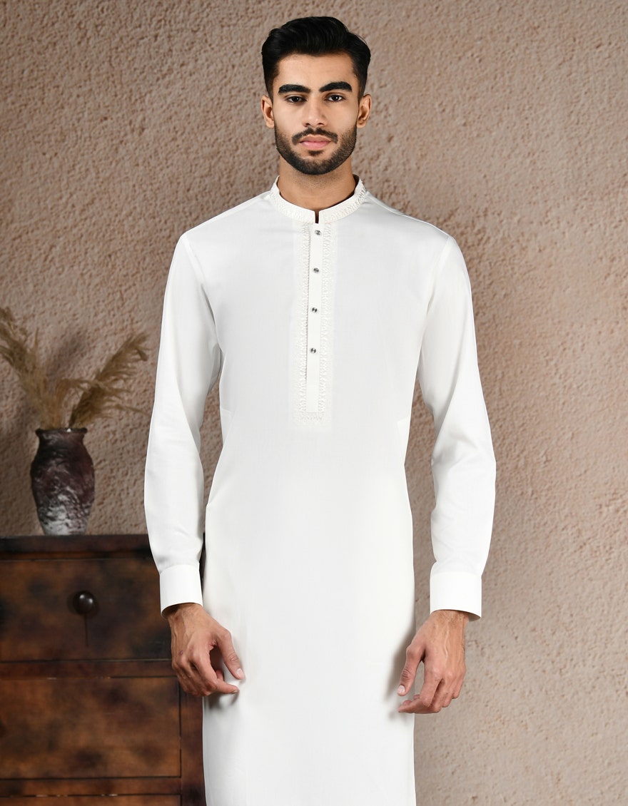 White Blended Traditional Kameez Shalwar by J. Junaid Jamshed - Premium Islamic Men's Wear