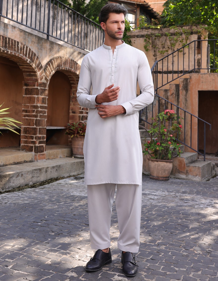 Grey Blended Traditional Kameez Shalwar by J. Junaid Jamshed - Premium Islamic Men's Wear