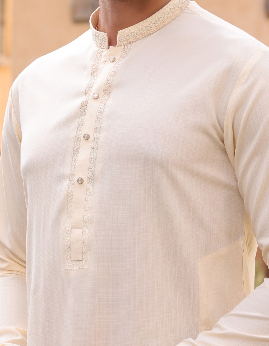 Cream Blended Traditional Kameez Shalwar by J. Junaid Jamshed - Premium Islamic Men's Wear