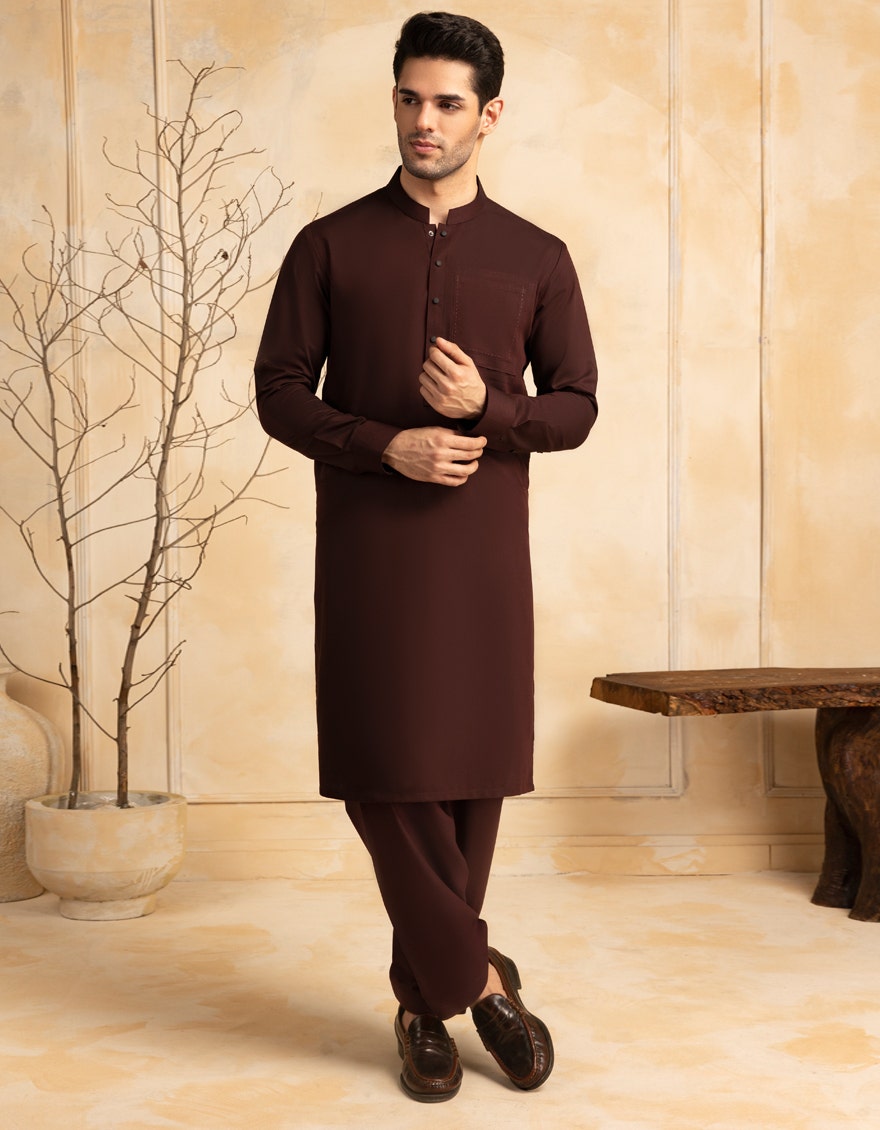 J. Junaid Jamshed Maroon Casual Kameez Shalwar - Traditional Pakistani Men's Clothing