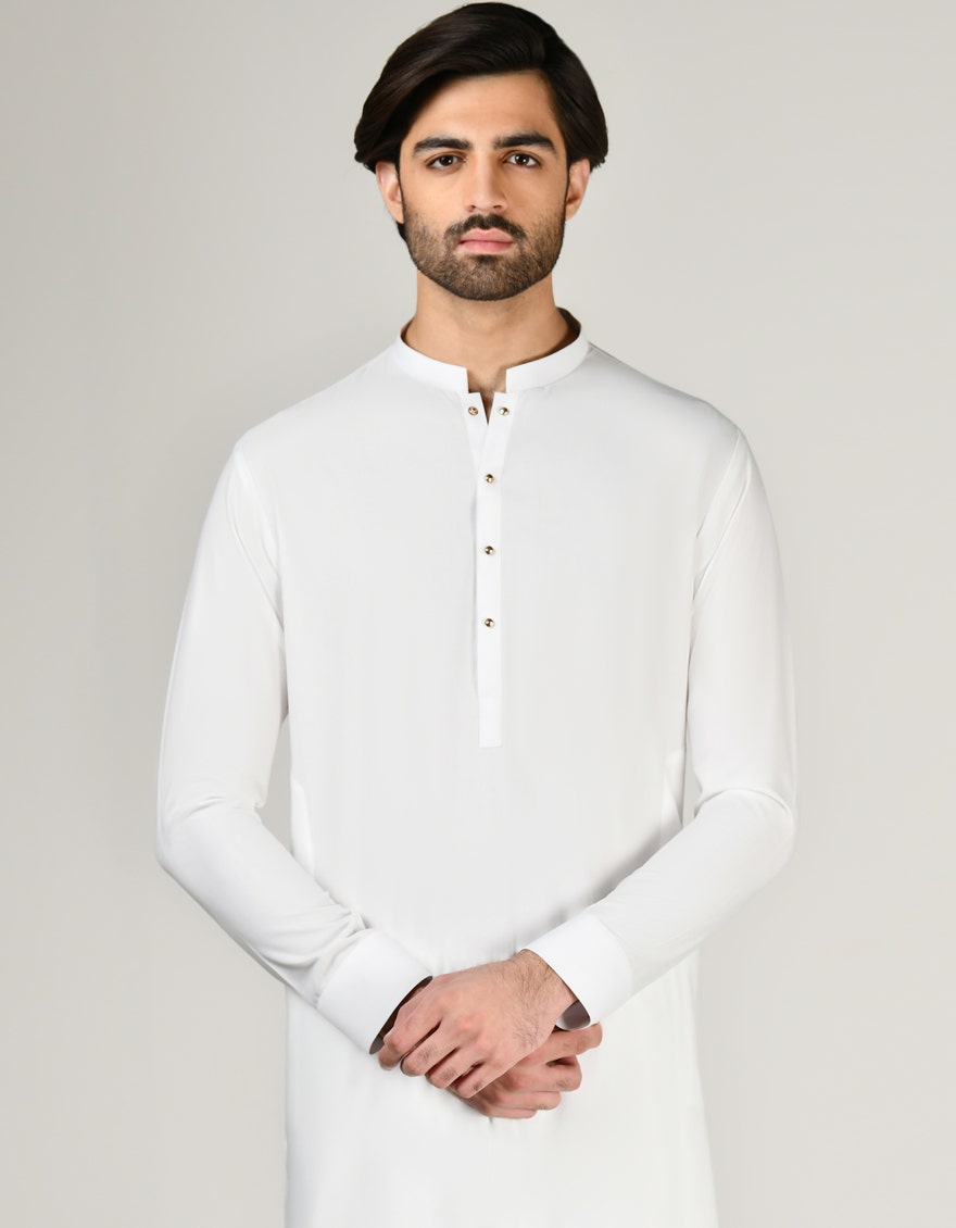 White Blended Traditional Kameez Shalwar by J. Junaid Jamshed - Premium Islamic Men's Wear