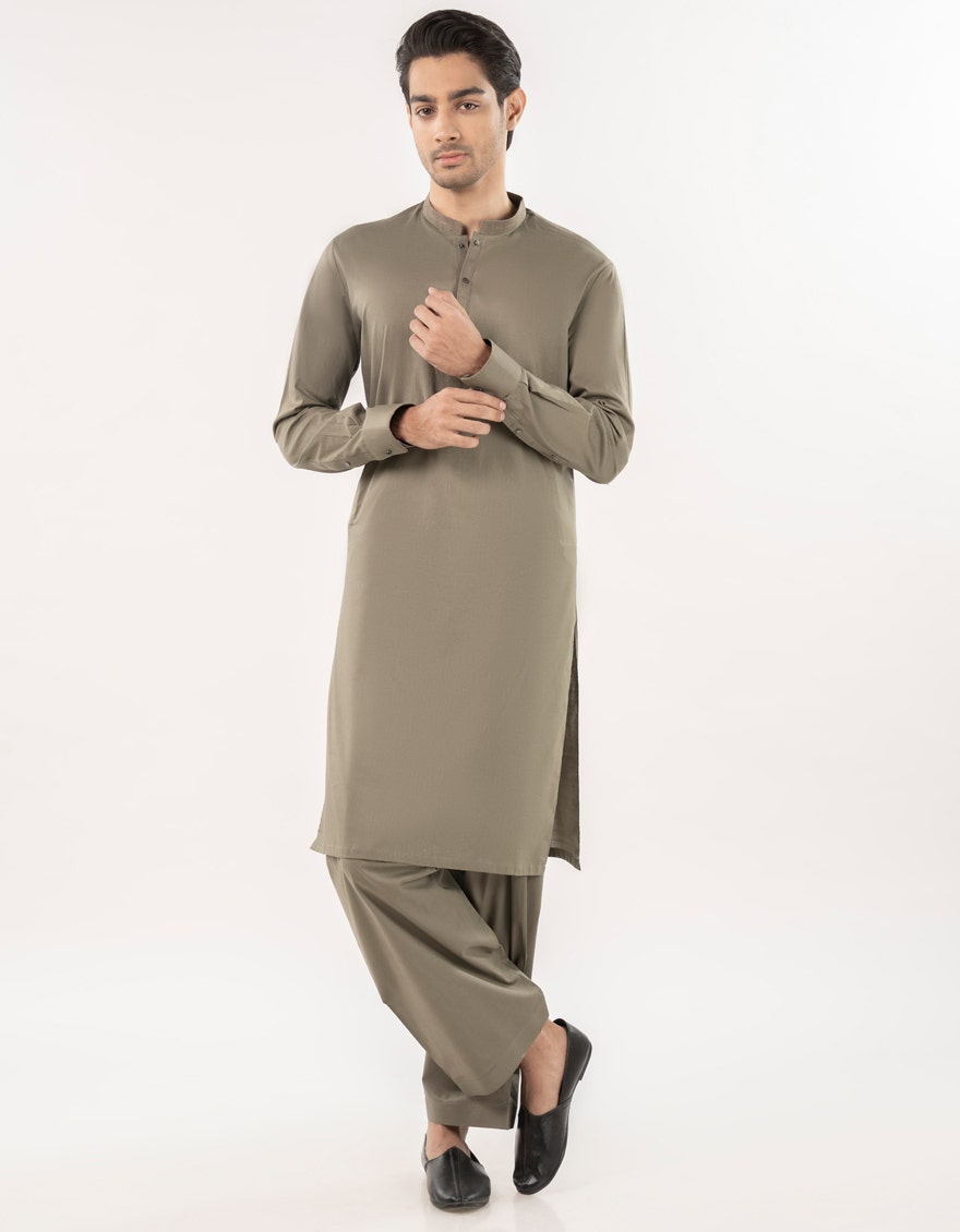 Olive Blended Semi-Formal Kameez Shalwar by J. Junaid Jamshed - Premium Islamic Men's Wear
