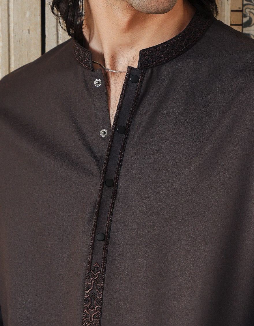 Brown Blended Semi-Formal Kameez Shalwar by J. Junaid Jamshed - Premium Islamic Men's Wear