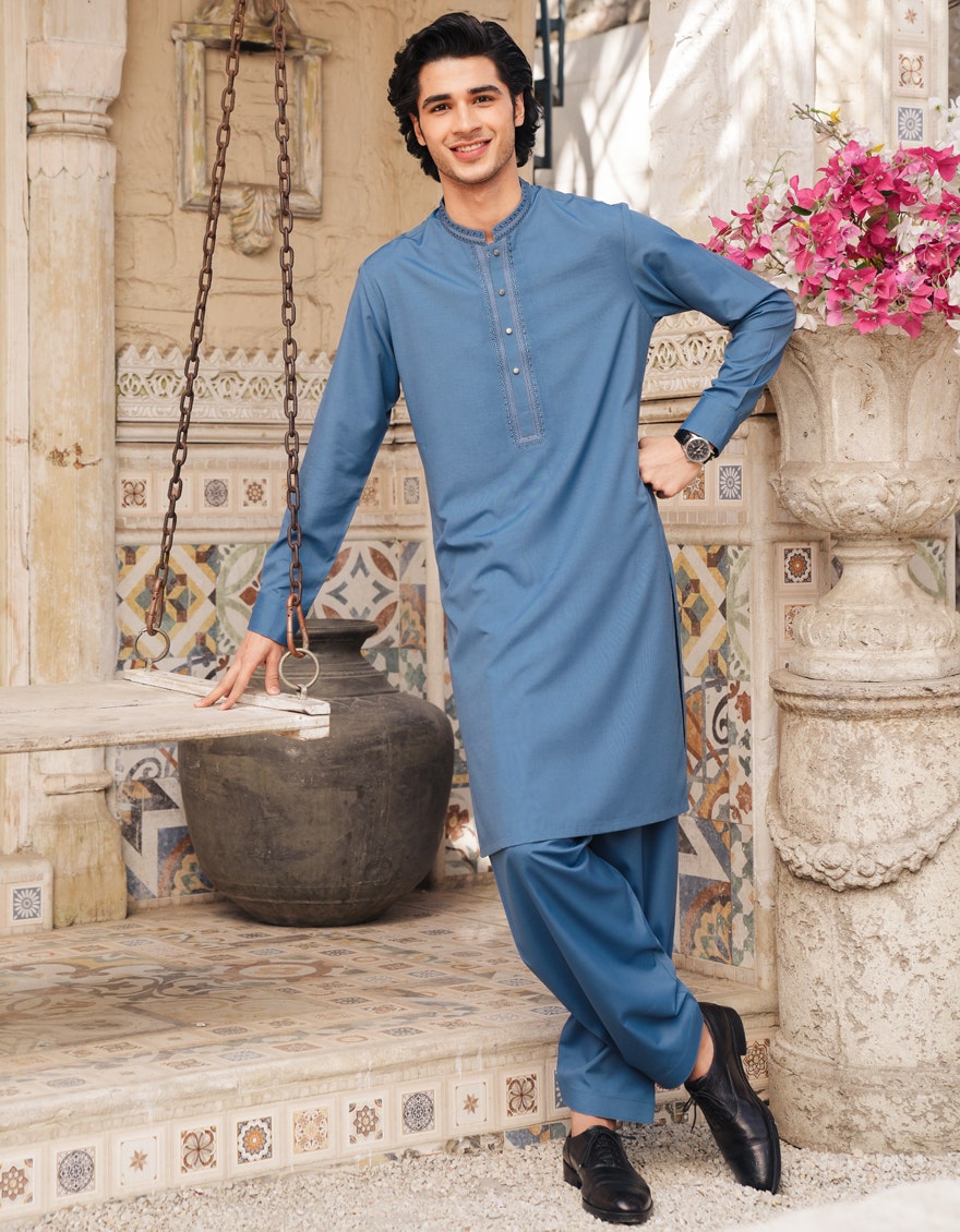 Blue Blended Semi-Formal Kameez Shalwar by J. Junaid Jamshed - Premium Islamic Men's Wear