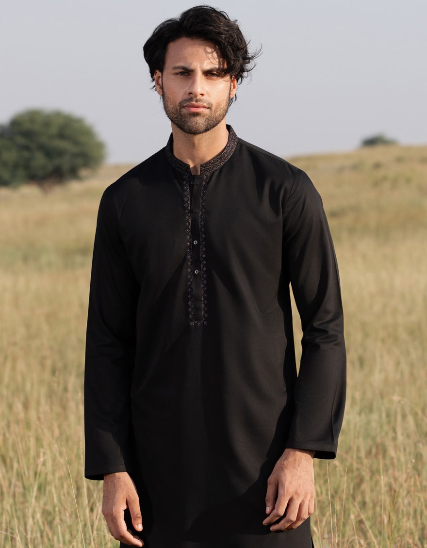 Black Blended Traditional Kameez Shalwar by J. Junaid Jamshed - Premium Islamic Men's Wear