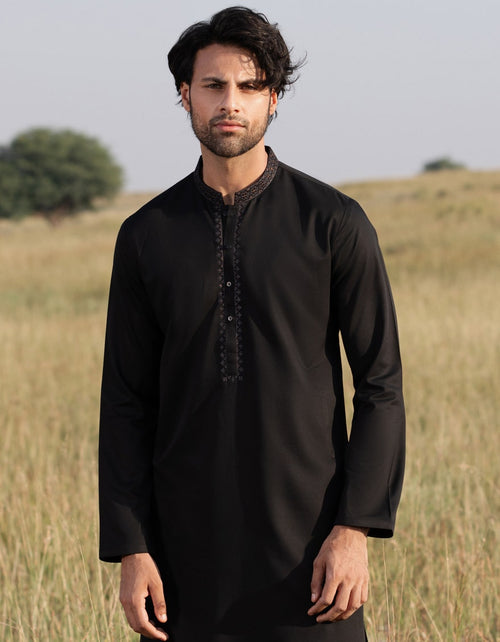 Black Blended Traditional Kameez Shalwar by J. Junaid Jamshed - Premium Islamic Men's Wear