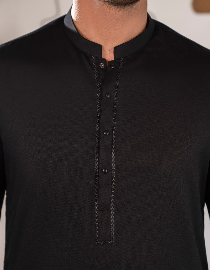 Black Blended Semi-Formal Kameez Shalwar by J. Junaid Jamshed - Premium Islamic Men's Wear