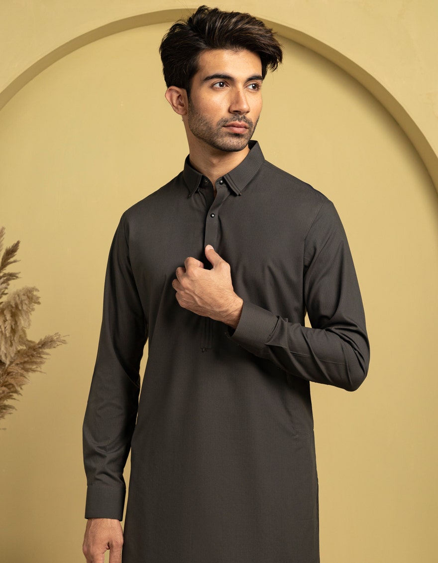 J. Junaid Jamshed Grey Traditional Kameez Shalwar - Traditional Pakistani Men's Clothing