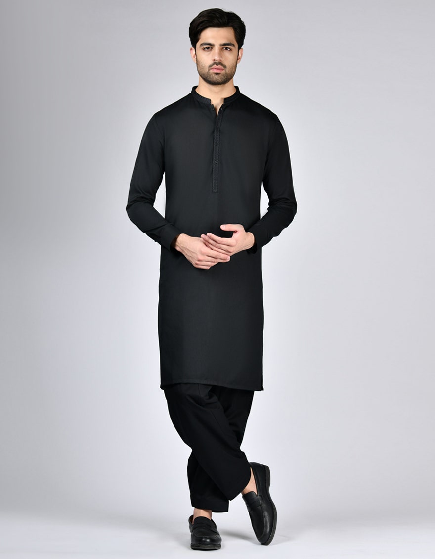 J. Junaid Jamshed Black Traditional Kameez Shalwar - Traditional Pakistani Men's Clothing