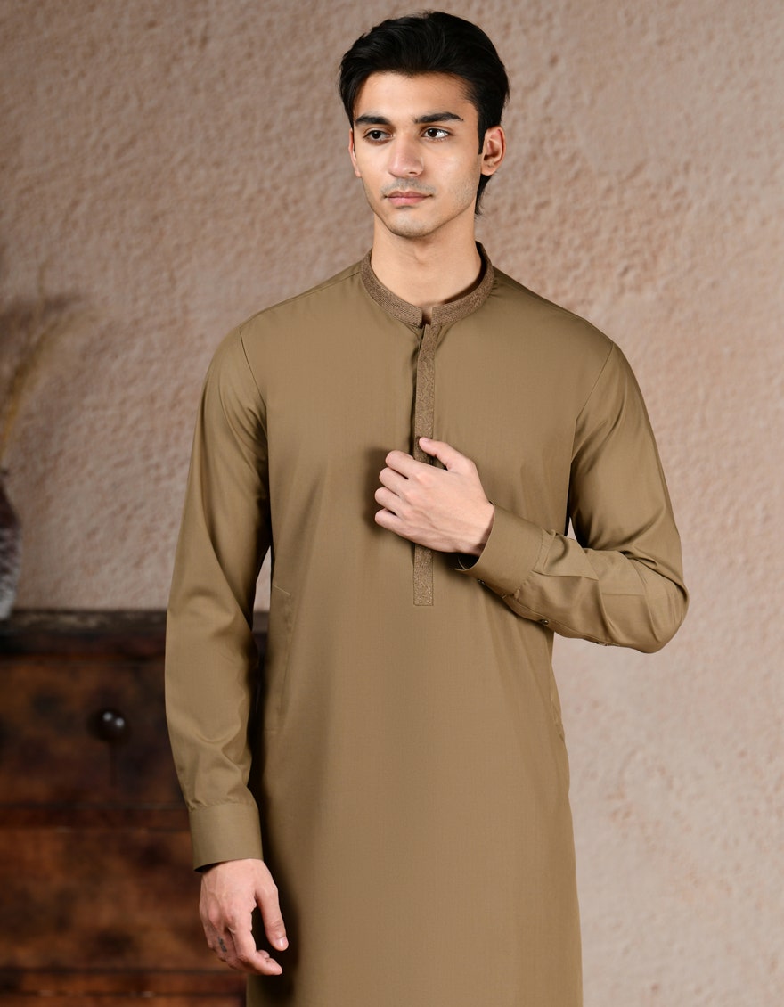 J. Junaid Jamshed Brown Traditional Kameez Shalwar - Traditional Pakistani Men's Clothing