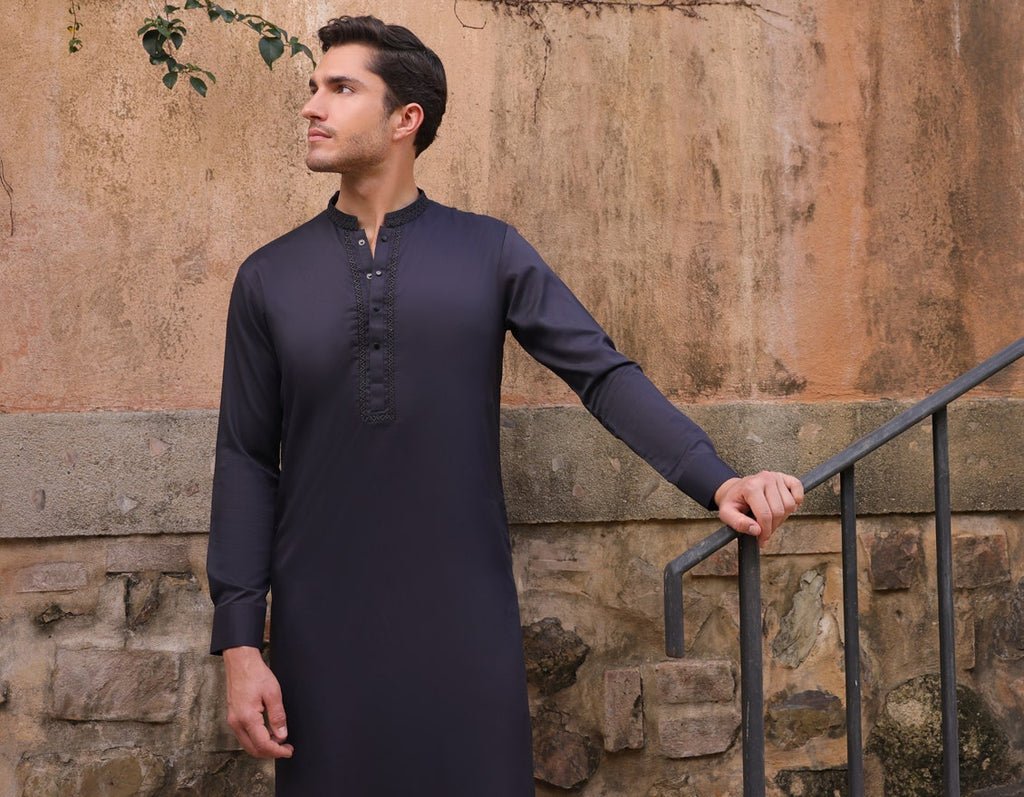 J. Junaid Jamshed Charcoal Traditional Kameez Shalwar - Traditional Pakistani Men's Clothing