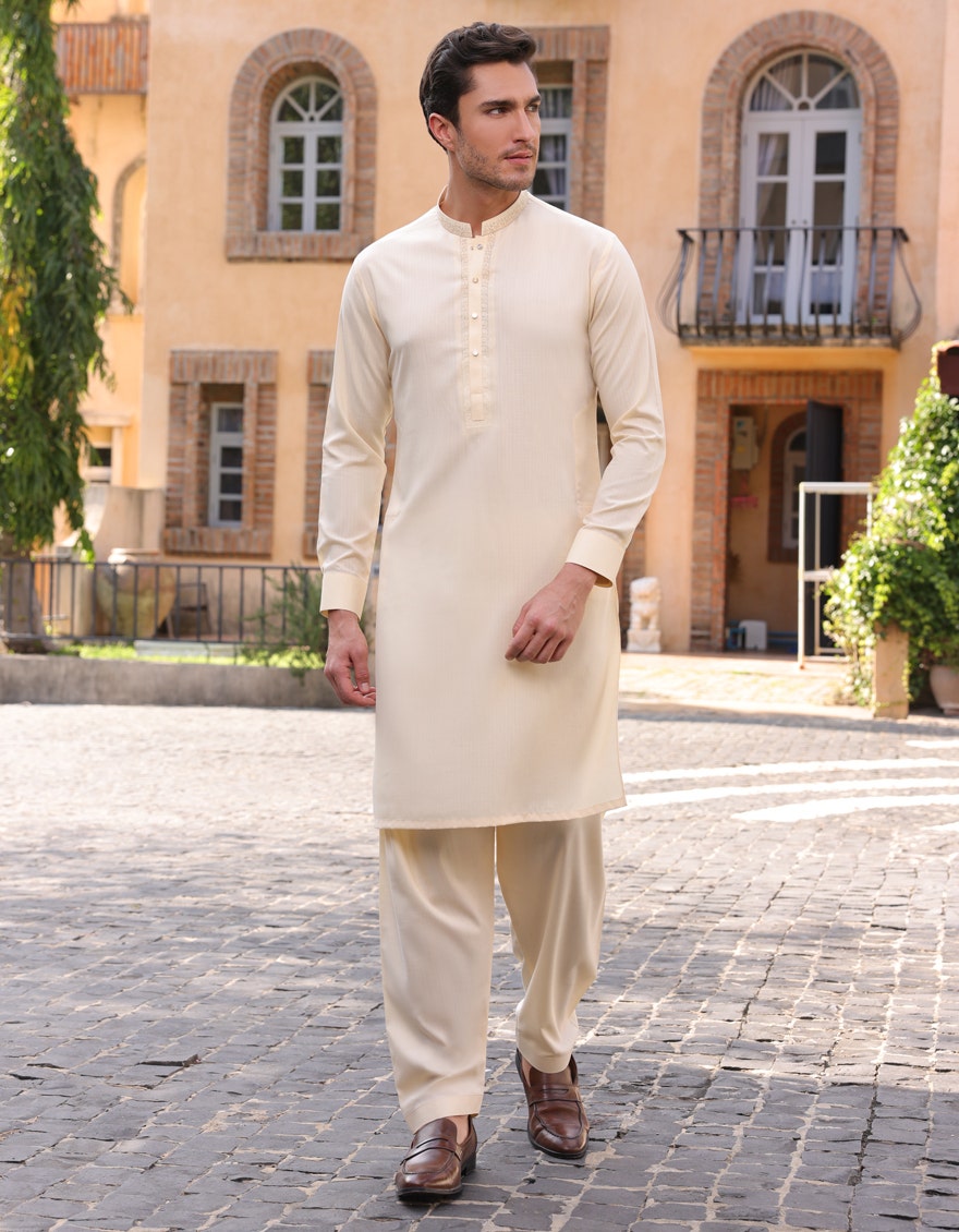 J. Junaid Jamshed Cream Traditional Kameez Shalwar - Traditional Pakistani Men's Clothing