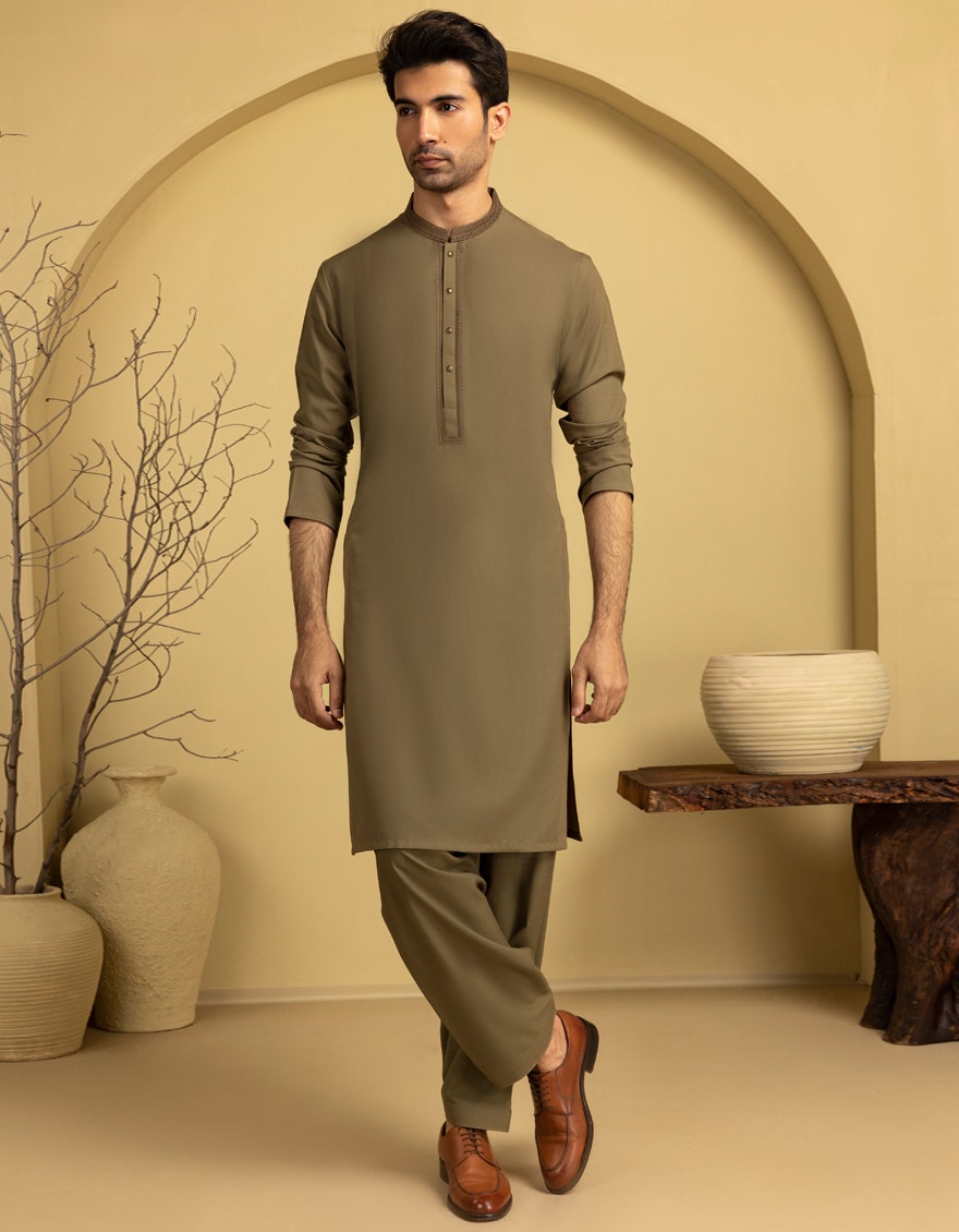 J. Junaid Jamshed Olive Semi-Formal Kameez Shalwar - Traditional Pakistani Men's Clothing