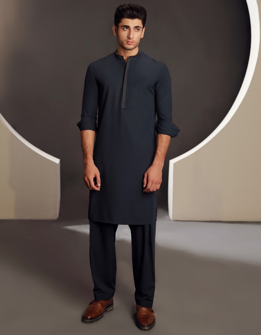 J. Junaid Jamshed Blue Traditional Kameez Shalwar - Traditional Pakistani Men's Clothing