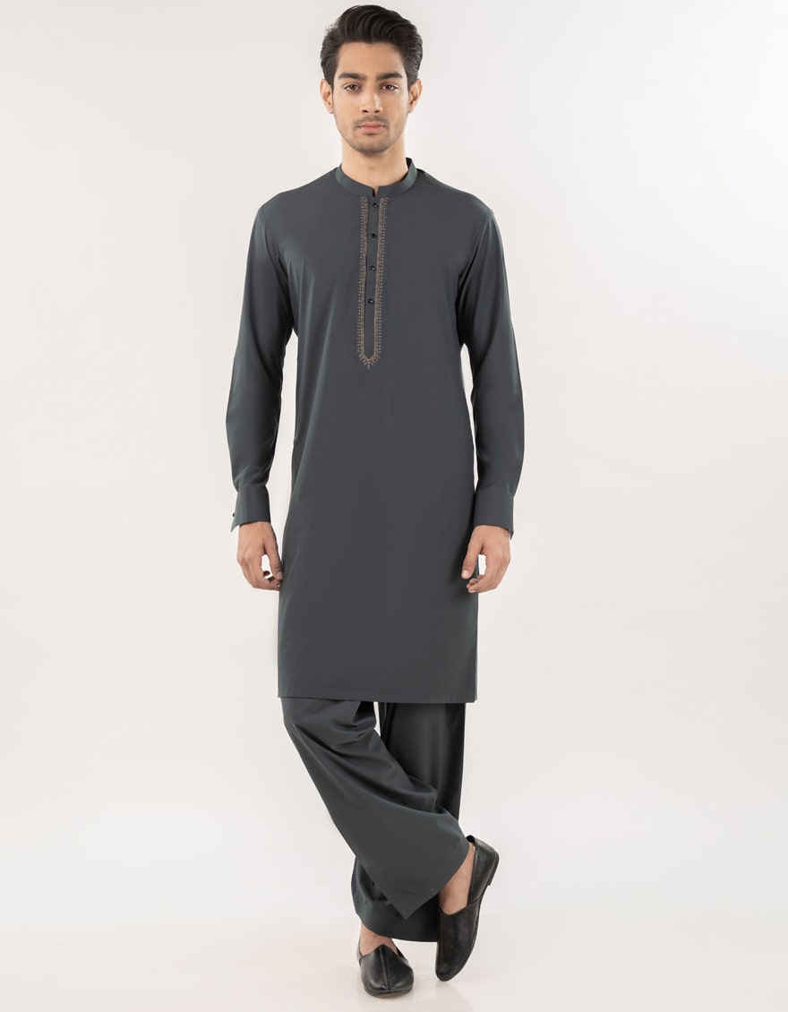 J. Junaid Jamshed Green Semi-Formal Kameez Shalwar - Traditional Pakistani Men's Clothing
