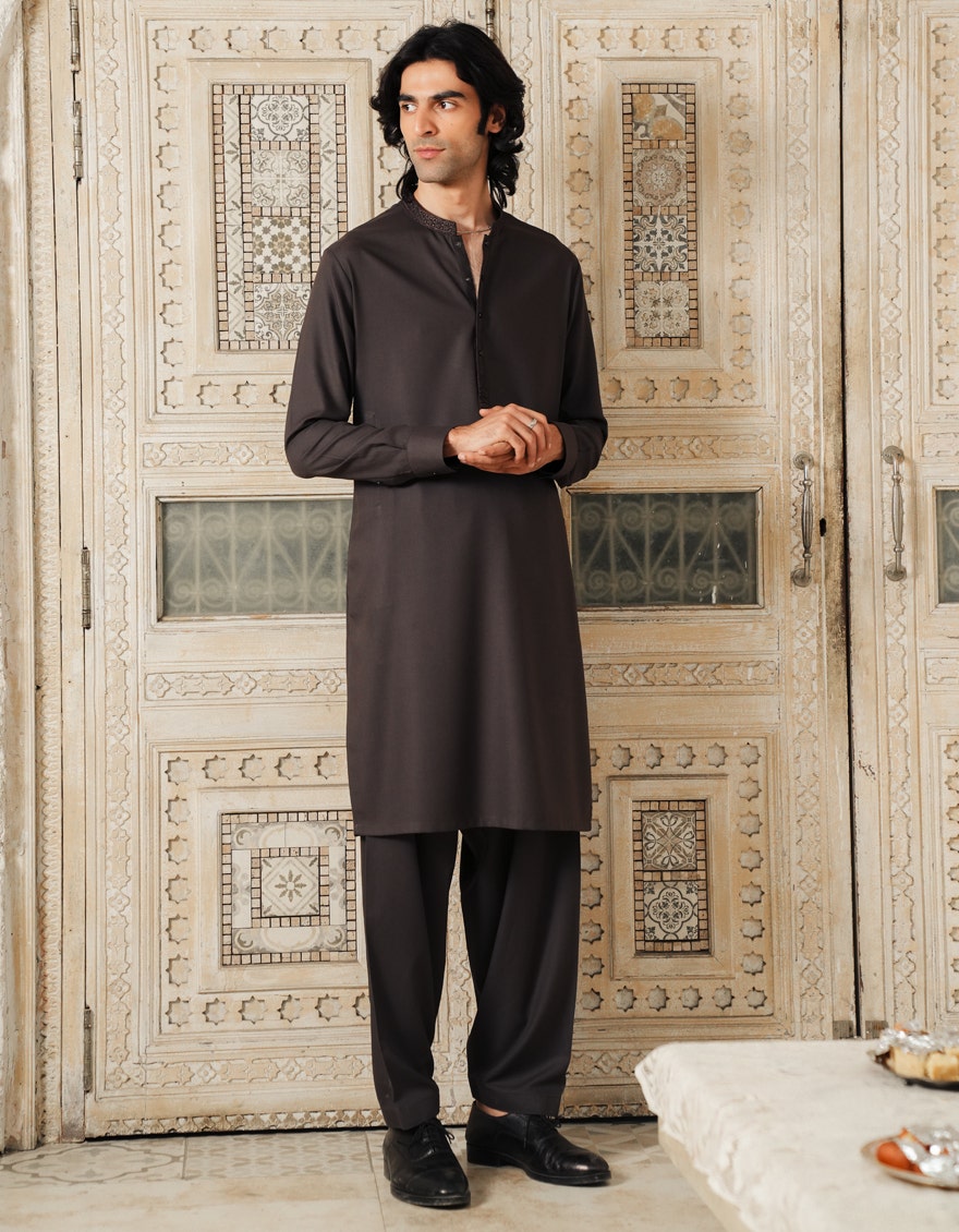 J. Junaid Jamshed Brown Semi-Formal Kameez Shalwar - Traditional Pakistani Men's Clothing