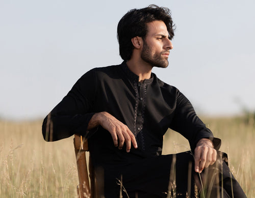 J. Junaid Jamshed Black Traditional Kameez Shalwar - Traditional Pakistani Men's Clothing