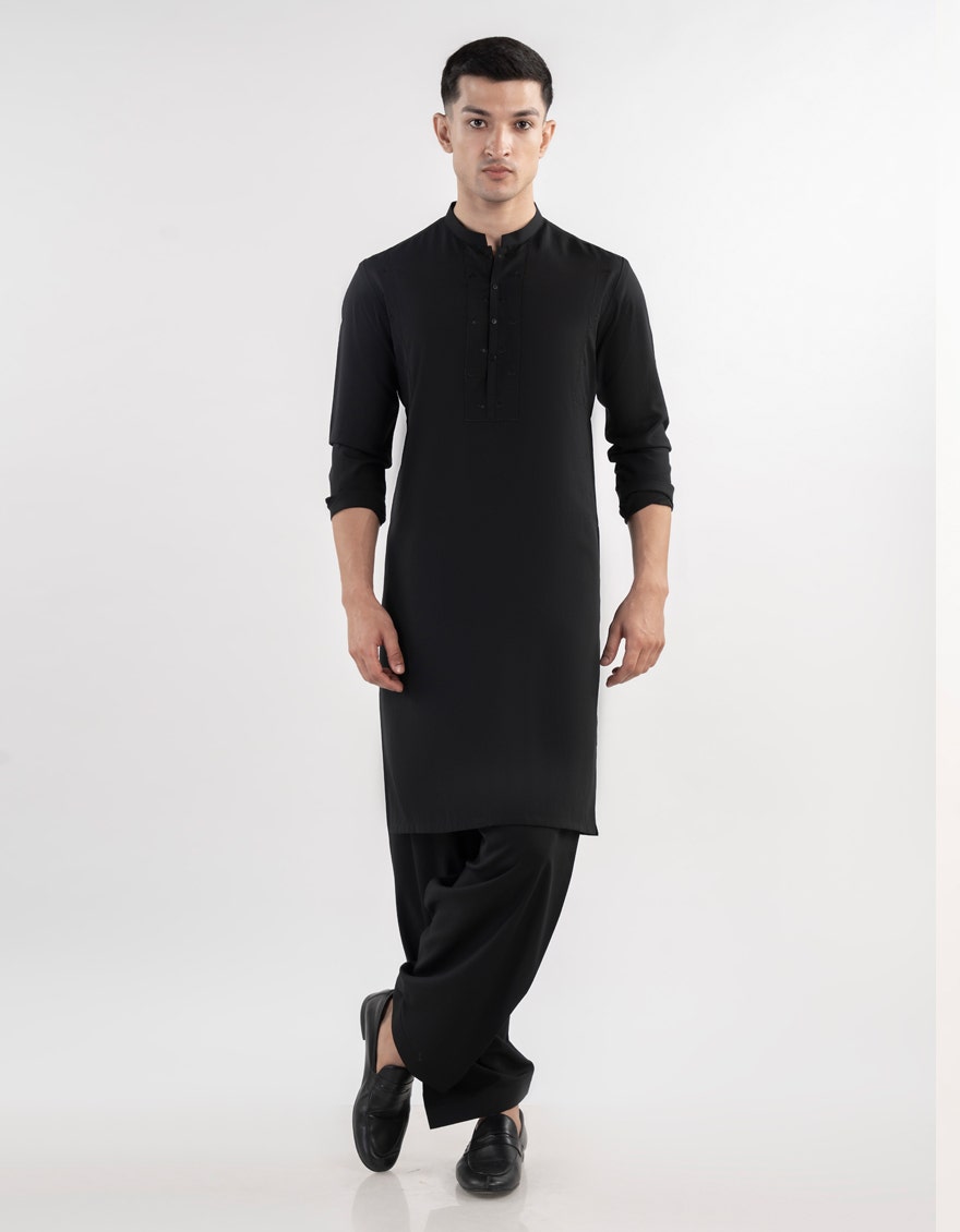 J. Junaid Jamshed Black Formal Kameez Shalwar - Traditional Pakistani Men's Clothing