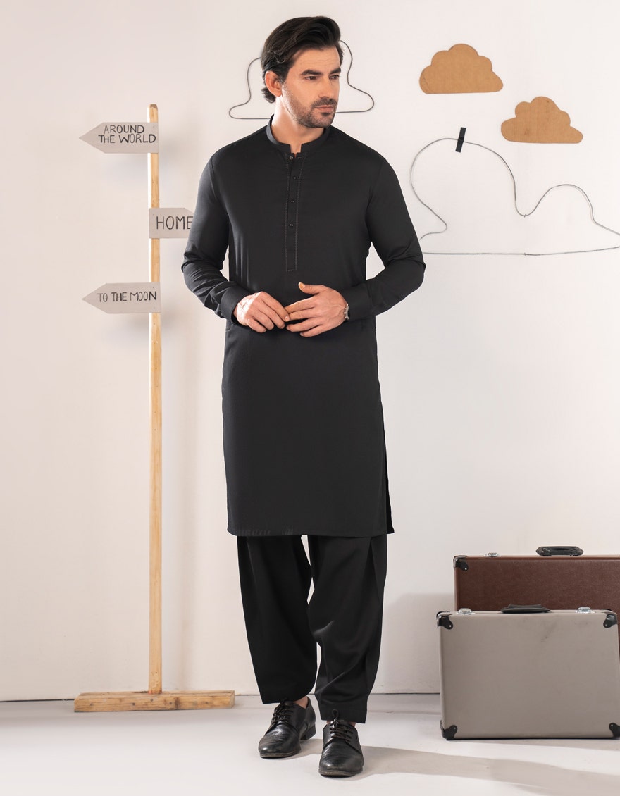 J. Junaid Jamshed Black Semi-Formal Kameez Shalwar - Traditional Pakistani Men's Clothing