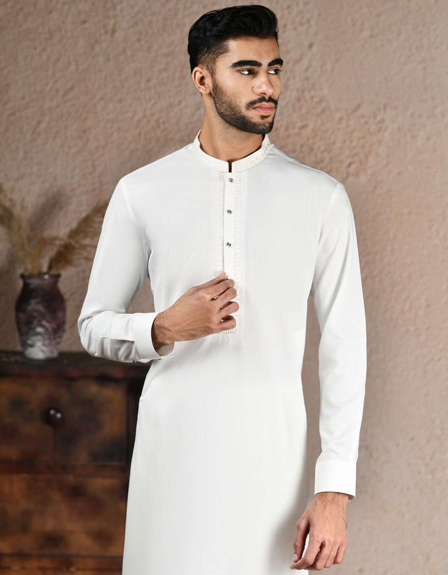 White Blended Kameez Shalwar - Elegant Islamic Fashion for Men by Junaid Jamshed