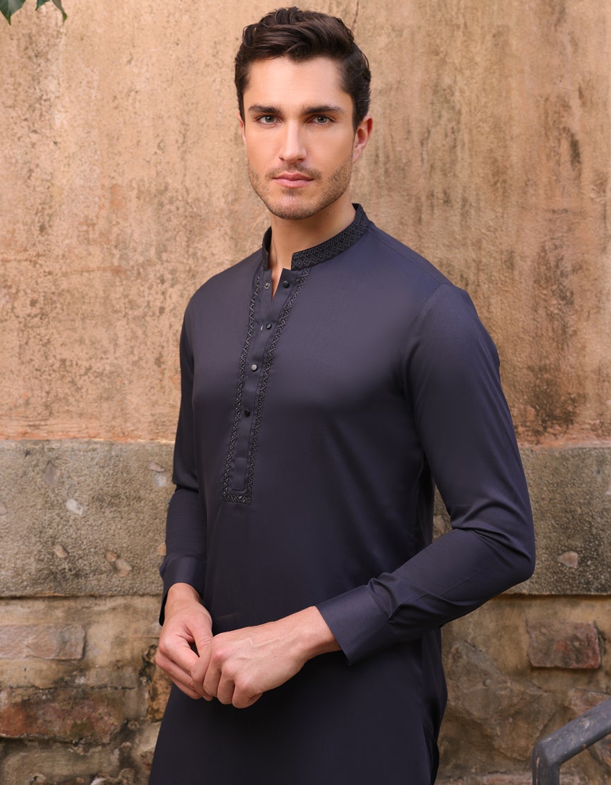 Charcoal Blended Kameez Shalwar - Elegant Islamic Fashion for Men by Junaid Jamshed