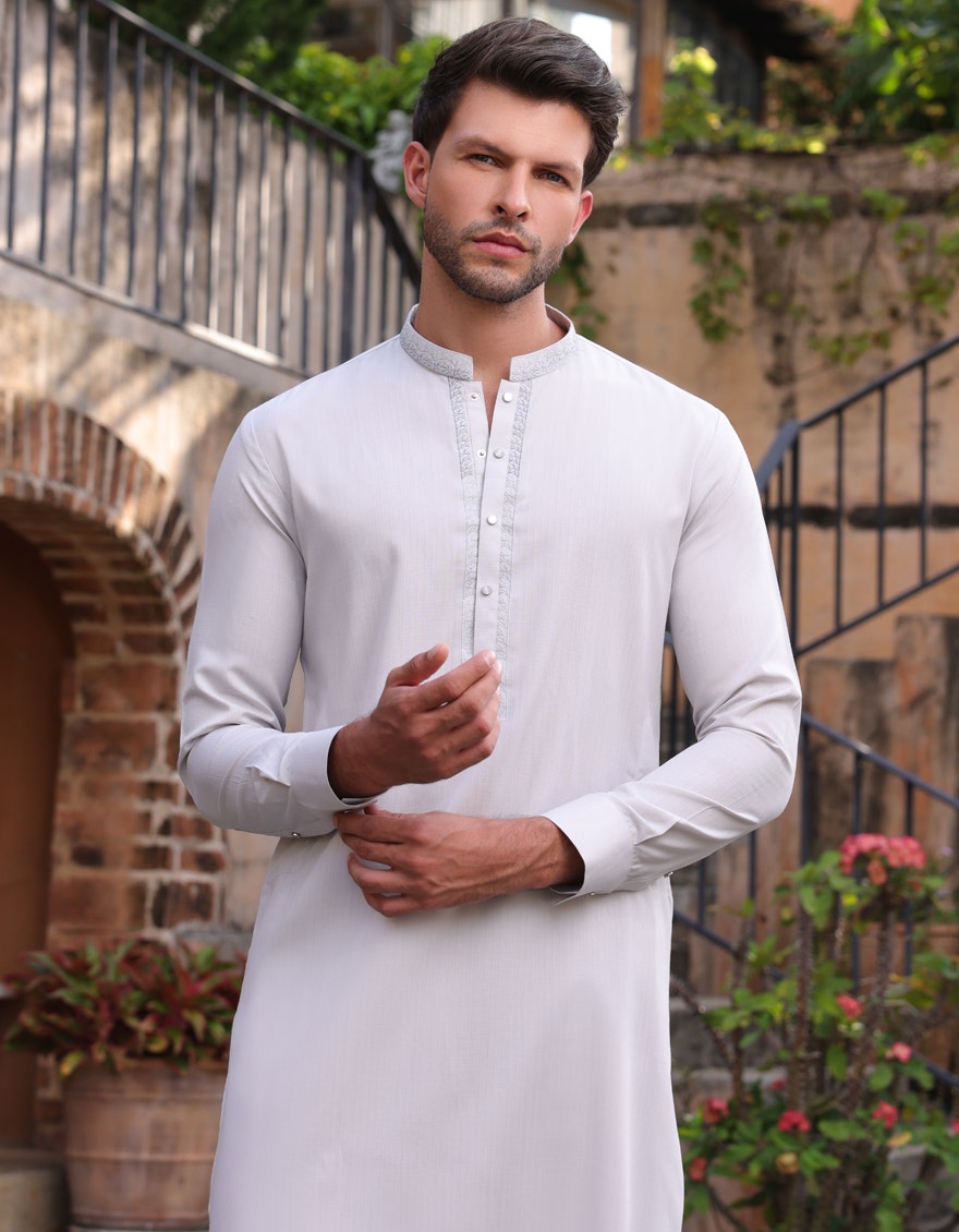 Grey Blended Kameez Shalwar - Elegant Islamic Fashion for Men by Junaid Jamshed