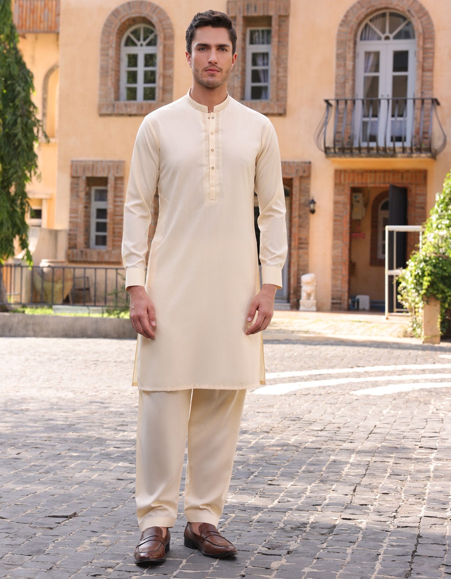 Cream Blended Kameez Shalwar - Elegant Islamic Fashion for Men by Junaid Jamshed
