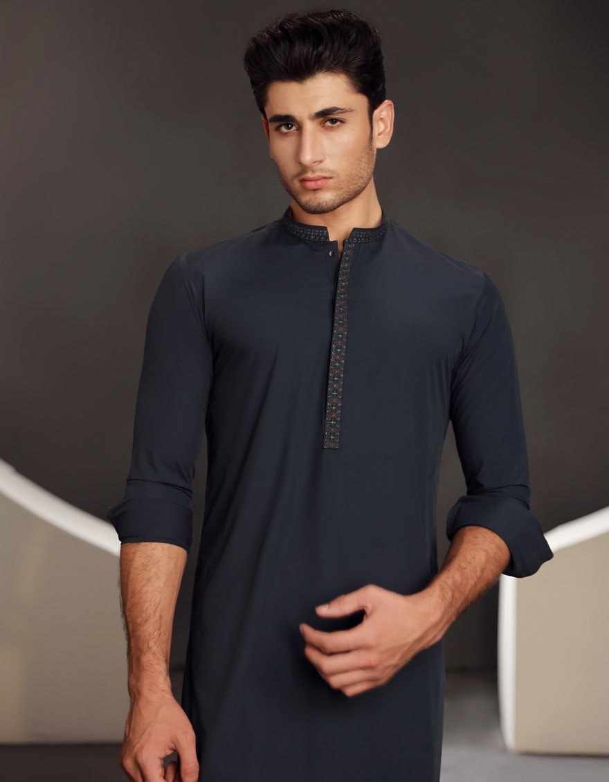 Blue Blended Kameez Shalwar - Elegant Islamic Fashion for Men by Junaid Jamshed