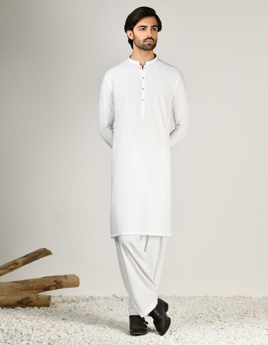 White Blended Kameez Shalwar - Elegant Islamic Fashion for Men by Junaid Jamshed