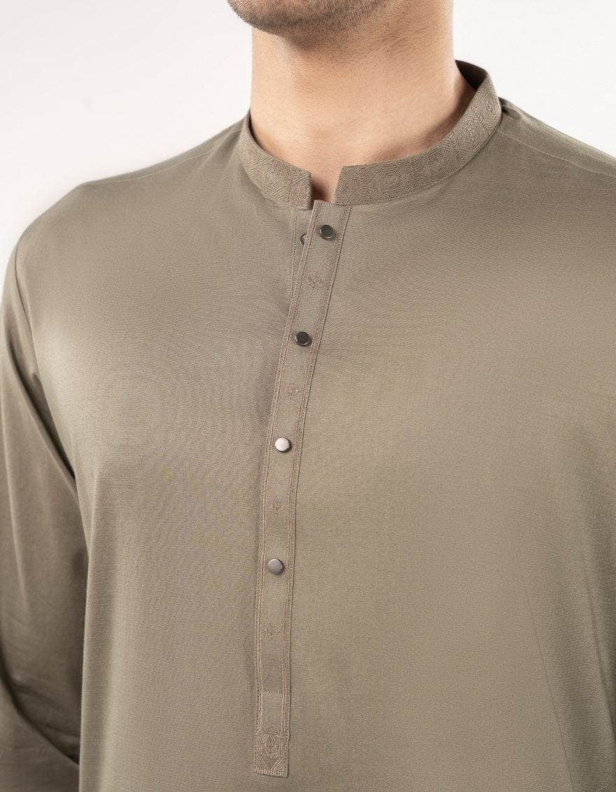 Olive Blended Kameez Shalwar - Elegant Islamic Fashion for Men by Junaid Jamshed