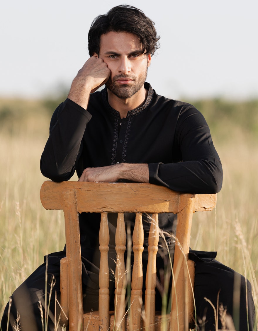 Black Blended Kameez Shalwar - Elegant Islamic Fashion for Men by Junaid Jamshed