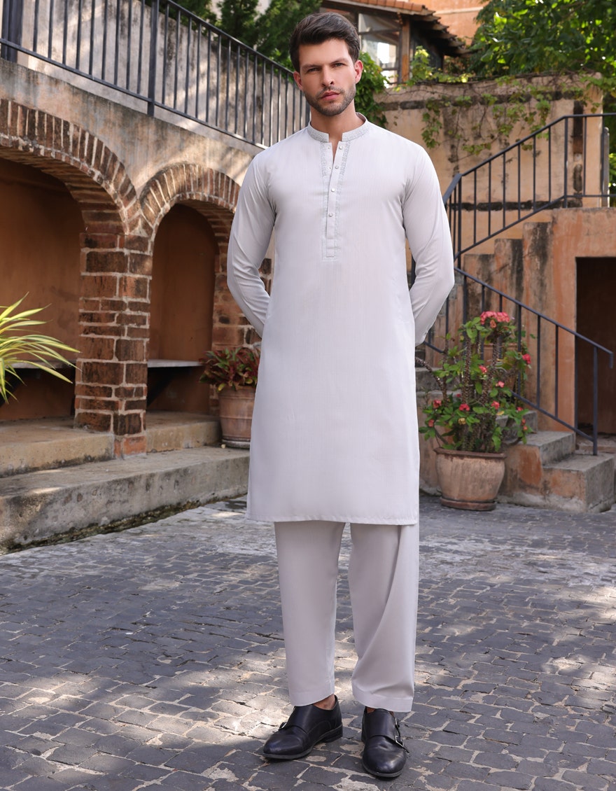 Premium Grey Traditional Men's Kameez Shalwar - J. Junaid Jamshed Collection