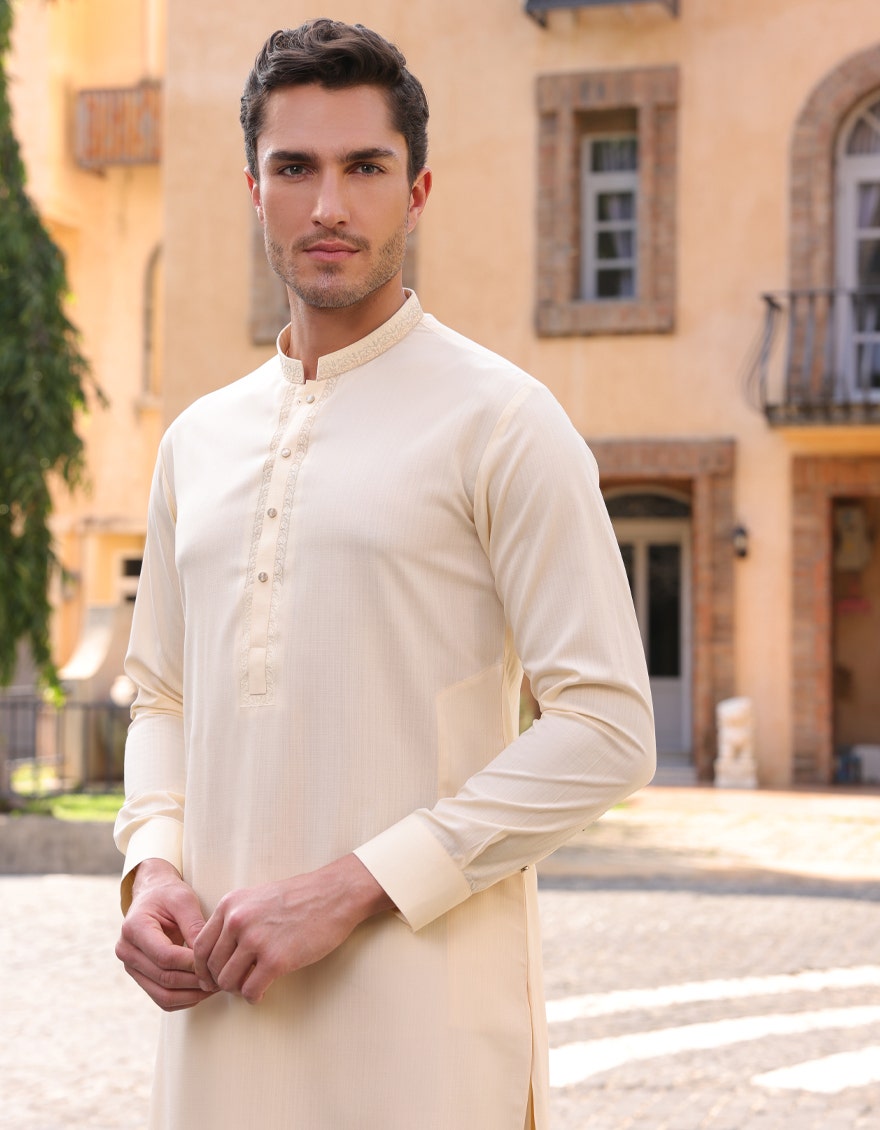 Premium Cream Traditional Men's Kameez Shalwar - J. Junaid Jamshed Collection