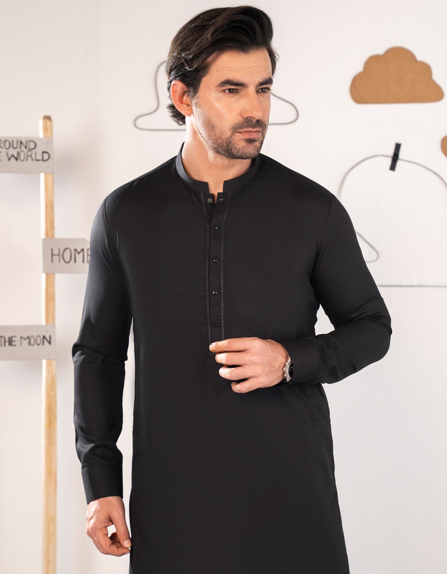 Premium Black Semi-Formal Men's Kameez Shalwar - J. Junaid Jamshed Collection