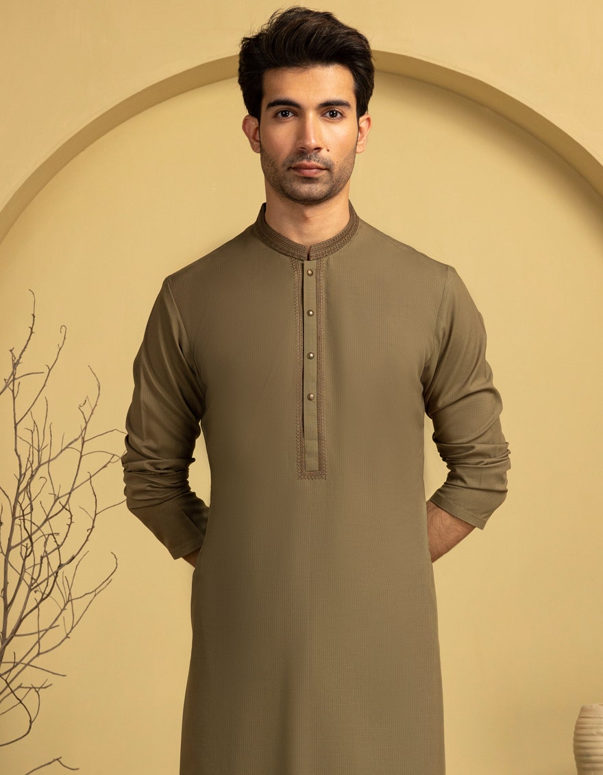 Olive Blended Kameez Shalwar - Elegant Islamic Fashion for Men by Junaid Jamshed
