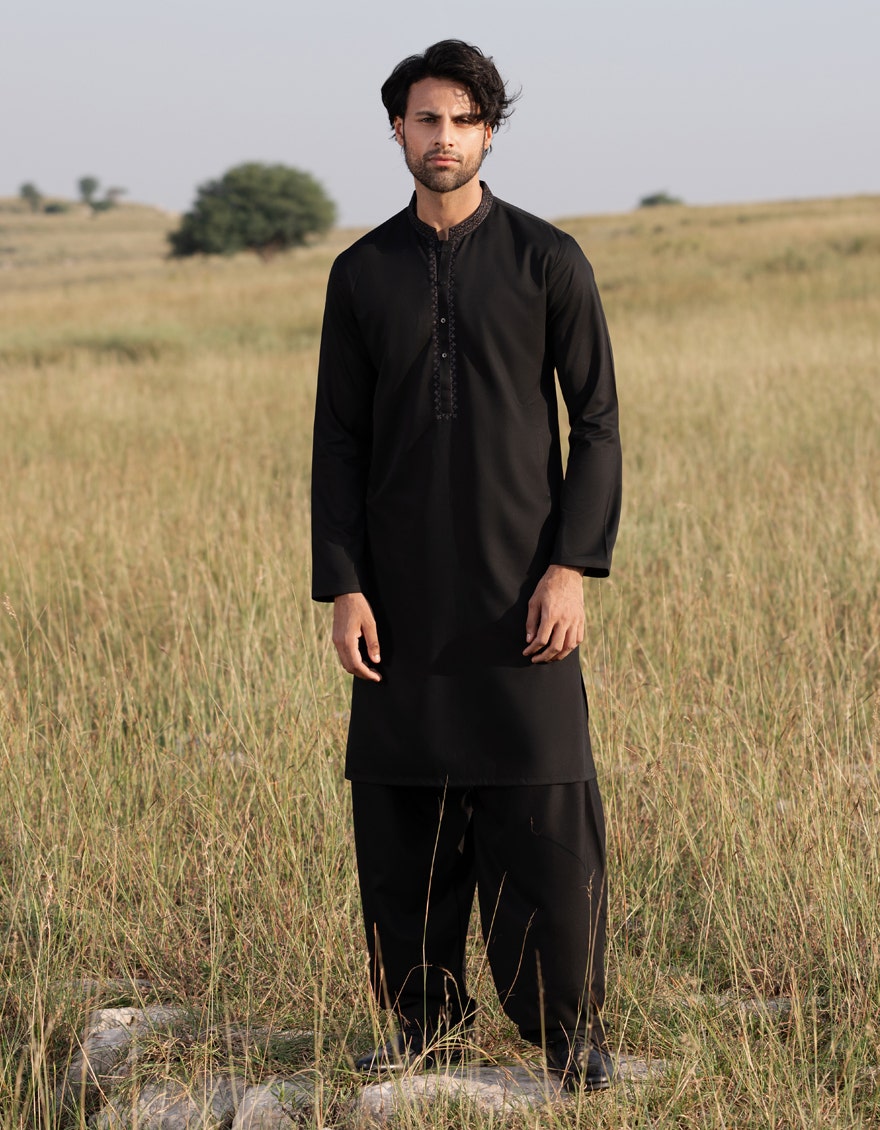 Traditional Black Kameez Shalwar - Authentic Pakistani Islamic Wear for Men