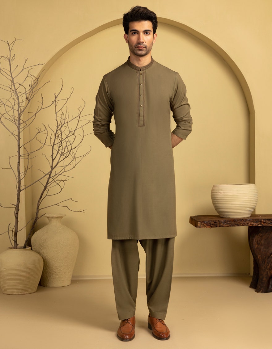 Premium Olive Semi-Formal Men's Kameez Shalwar - J. Junaid Jamshed Collection