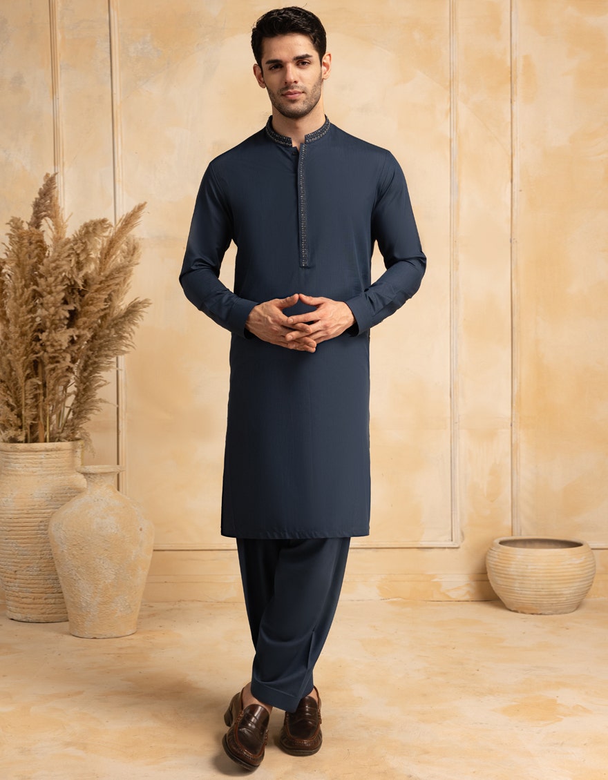 Premium Blue Formal Men's Kameez Shalwar - J. Junaid Jamshed Collection