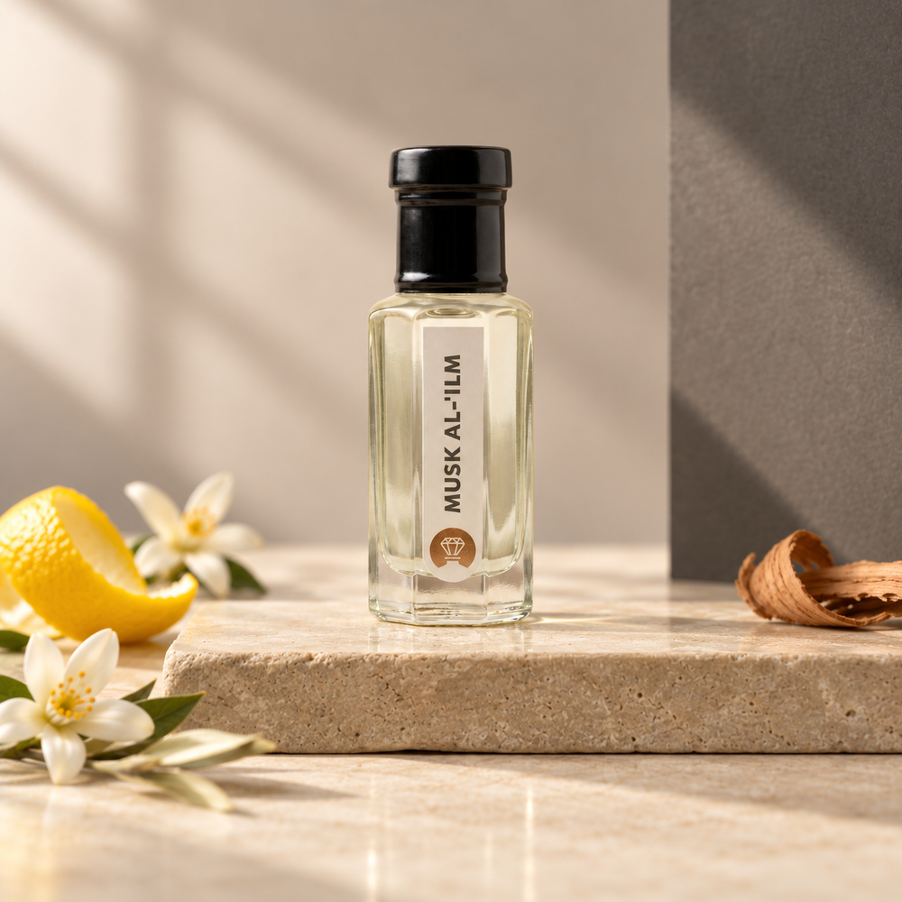 Musk al ’ilm by Ibn Arabi 6ml attar bottle, front view in the sage-day precision studio setting.