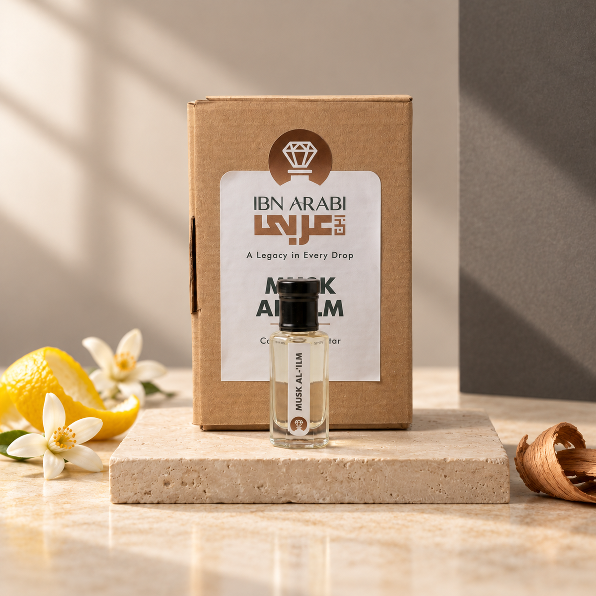 Musk al ’ilm by Ibn Arabi 6ml attar bottle beside its labelled packaging box.
