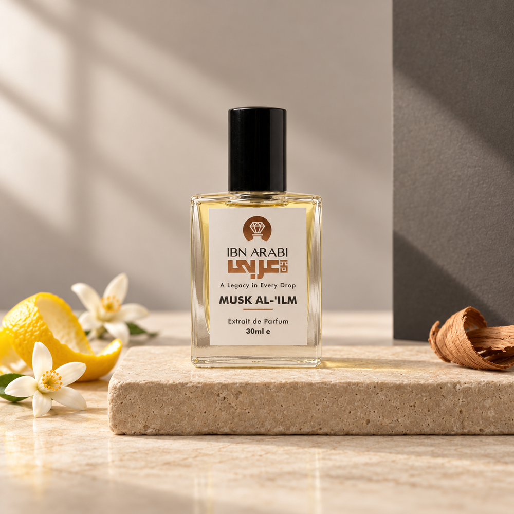 Musk al ’ilm by Ibn Arabi 30ml perfume bottle, front view in the sage-day precision studio setting.