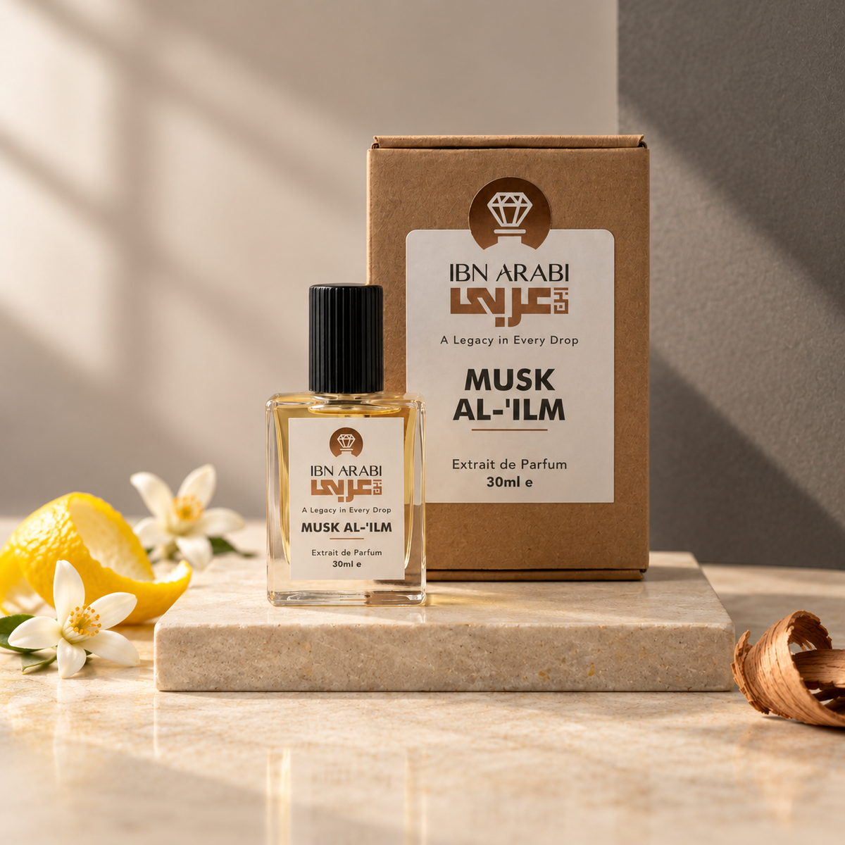 Musk al ’ilm by Ibn Arabi 30ml perfume bottle beside its labelled packaging box.