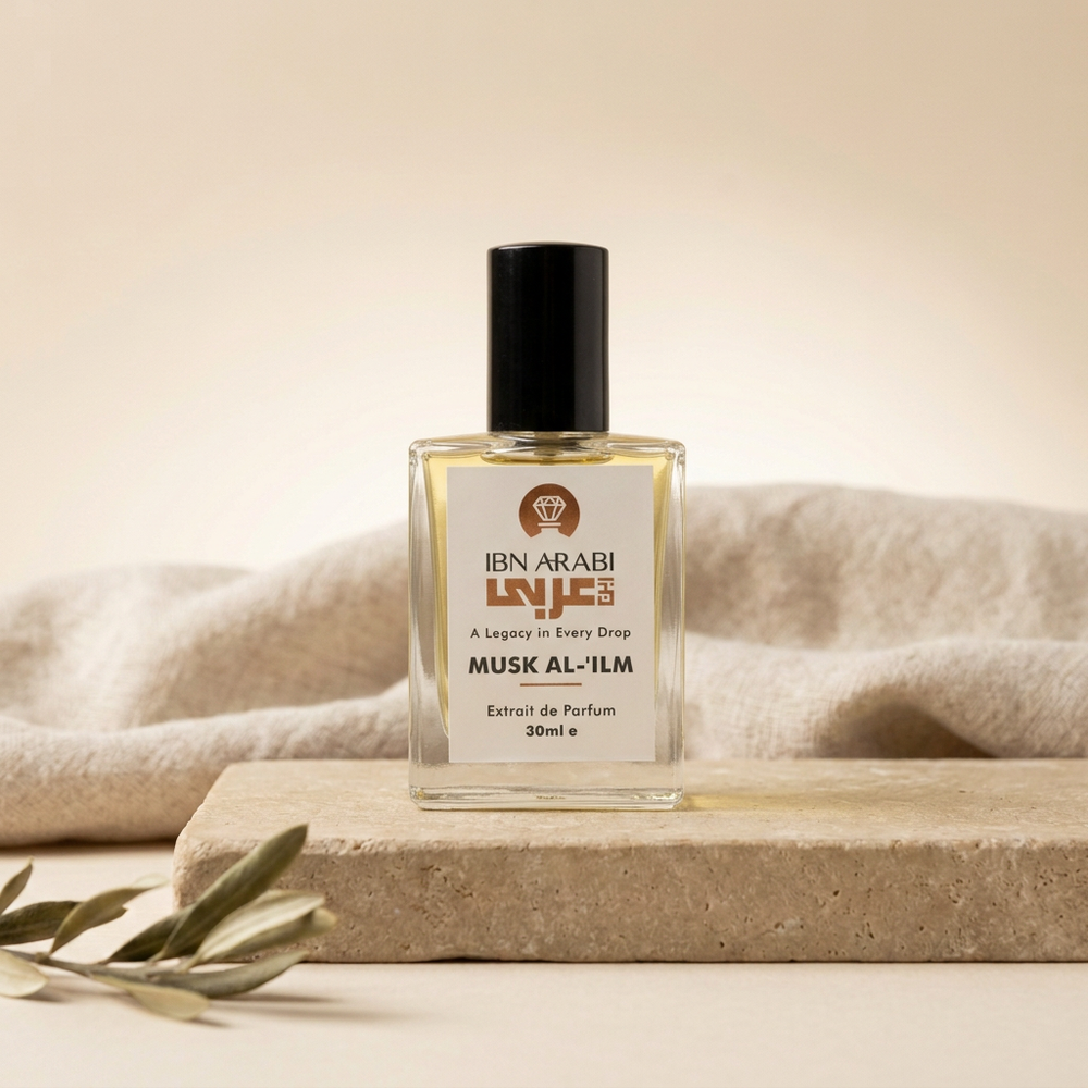 Musk al ’ilm by Ibn Arabi 30ml perfume bottle, front view on a stone display.