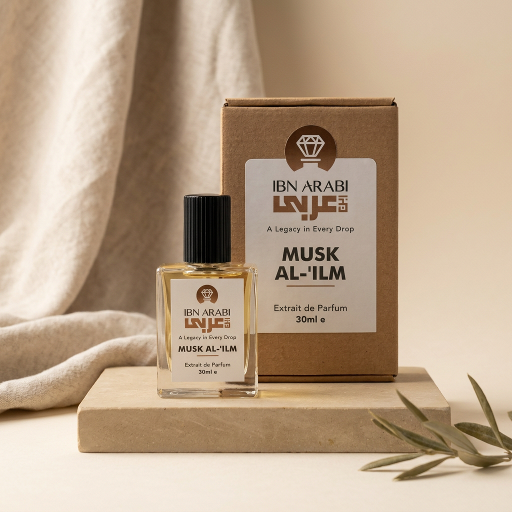 Musk al ’ilm by Ibn Arabi 30ml perfume bottle beside its labelled packaging box.