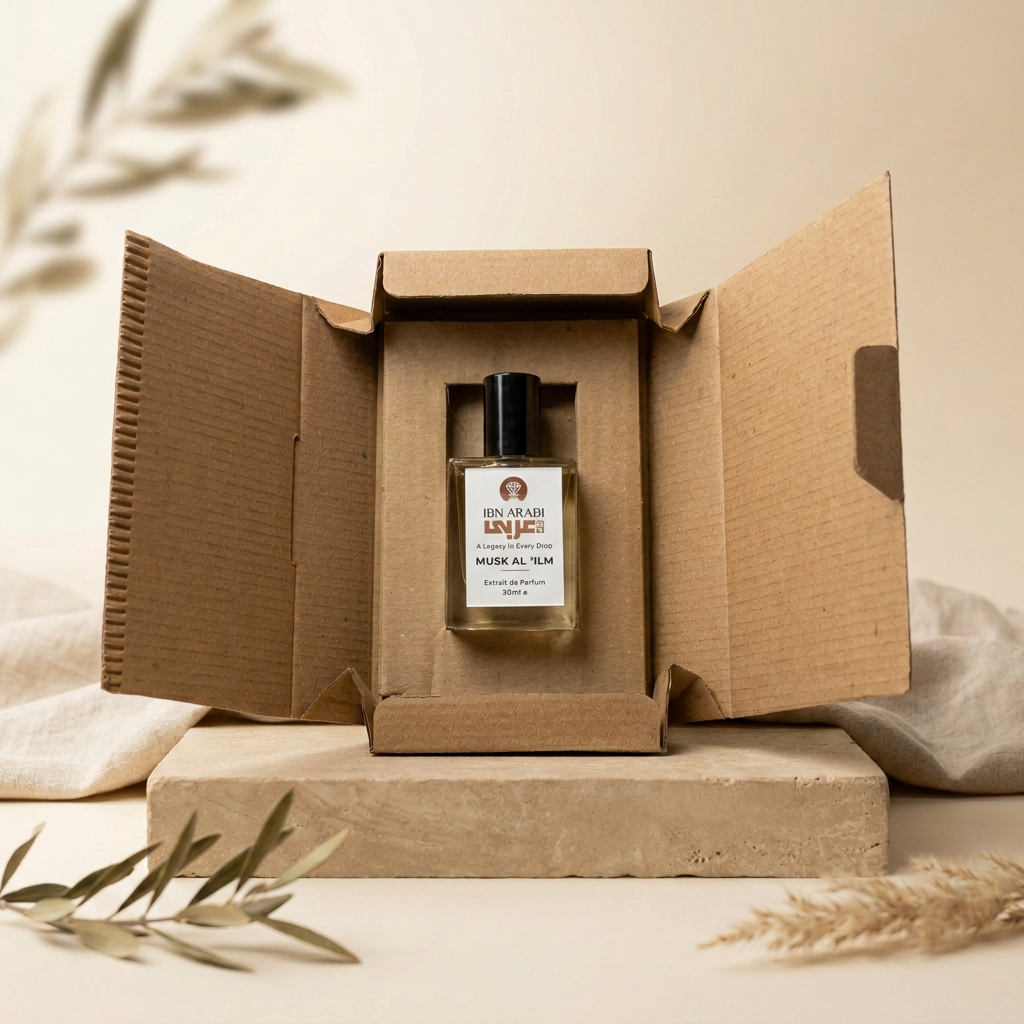 Musk al ’ilm by Ibn Arabi 30ml perfume bottle presented inside its open packaging box.