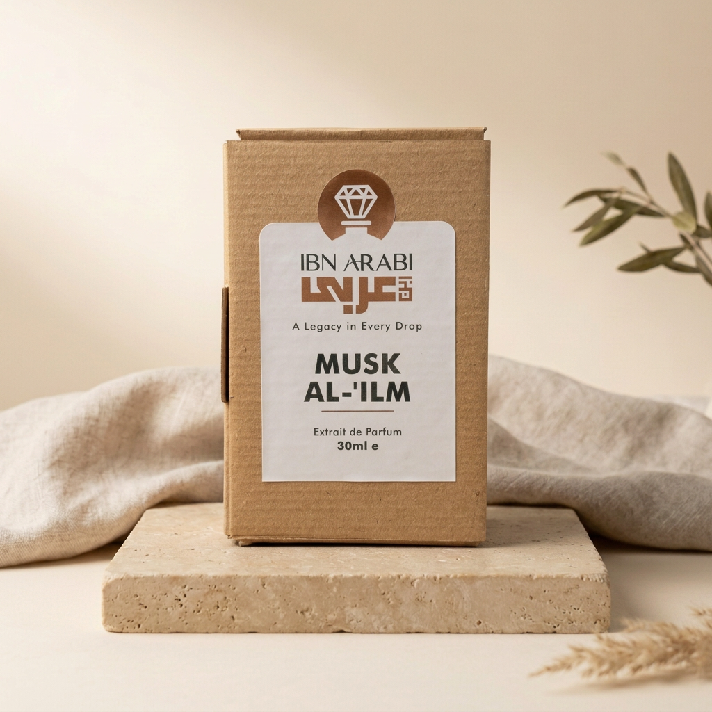 Musk al ’ilm by Ibn Arabi 30ml perfume packaging box, front view.